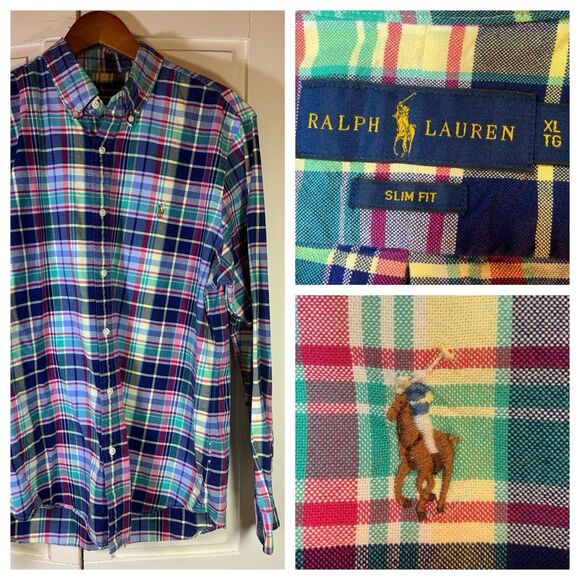 Ralph Lauren Flesh Pony Plaid Shirt Mens XL Slim‎ Fit Heritage Preppy Casual - Picture 1 of 16